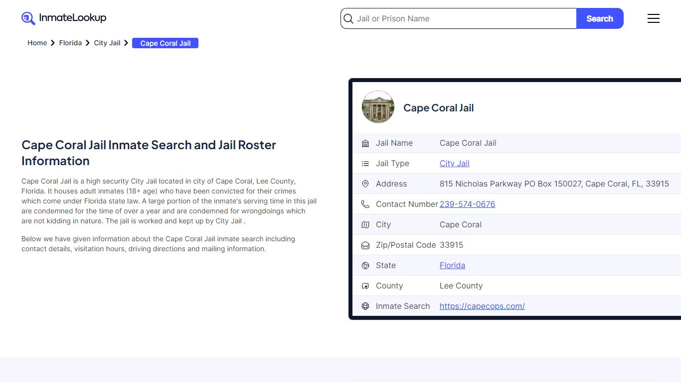 Cape Coral Jail (FL) Inmate Search Florida - Inmate Lookup